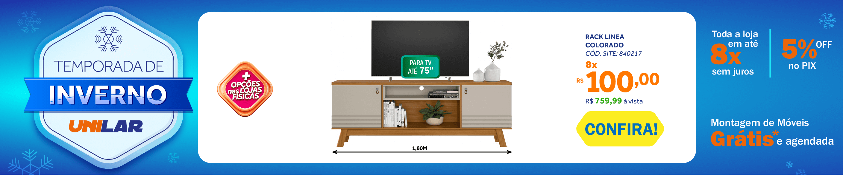 Rack Colorado Línea Brasil 180cm para TVs de até 75" Pés Retrô Nature/Off White