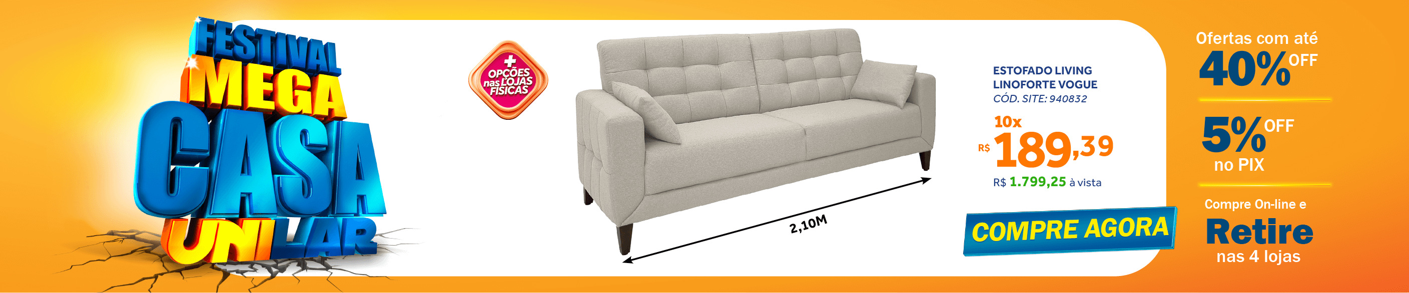 Sofá Living Vogue 210cm Linoforte 2 Assentos Pé de Madeira Linho Cinza