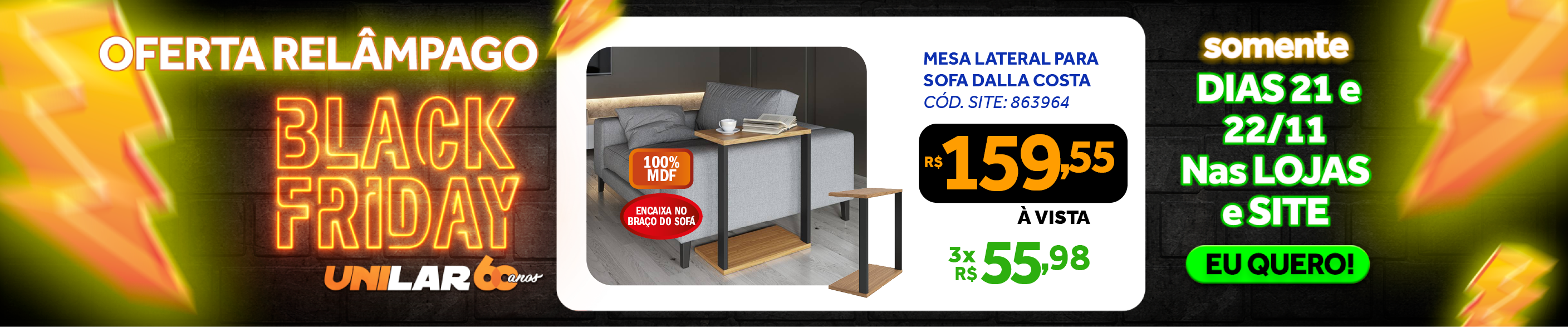 Mesa Lateral para Sofá Estilo Industrial Dalla Costa F36 100% MDF Freijó/Preto Fosco