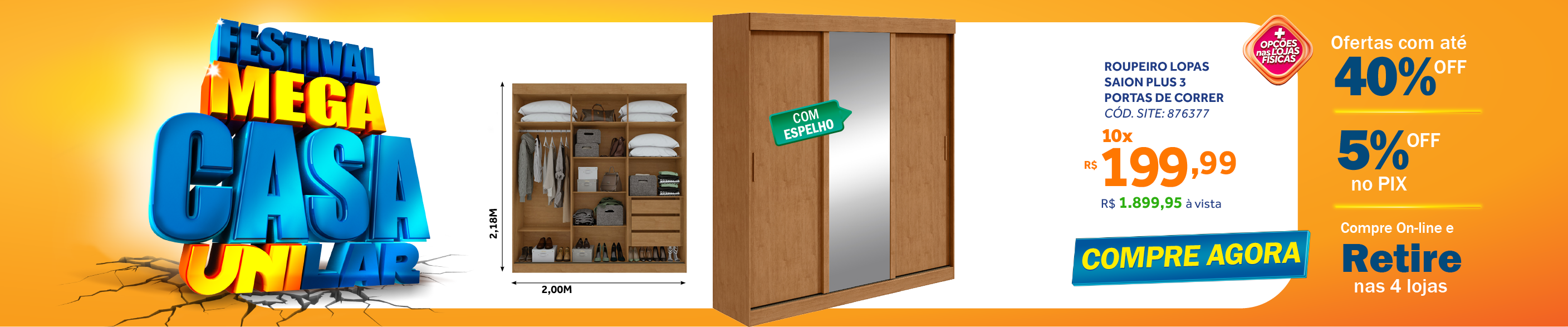 Roupeiro Saion Lopas 3 Portas Correr 200cm com Espelho Amêndoa/Off White/Amêndoa